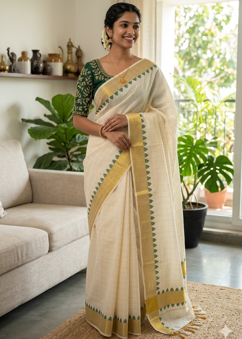 Kerala Cotton Check Saree With Tassels SL179