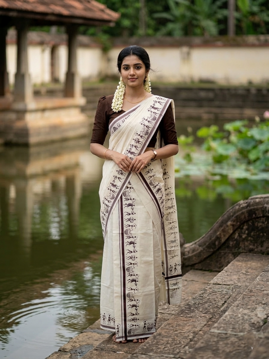 Southloom Pure Cotton Kerala Single Warly Print Set Mundu (Mundum Neriyathum) Brown Border in 2.50 mtrs  SL246