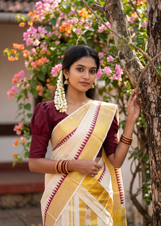 Southloom Pure Cotton Set Mundu with Gold Kasavu Micro Check Across Body in Maroon SL398