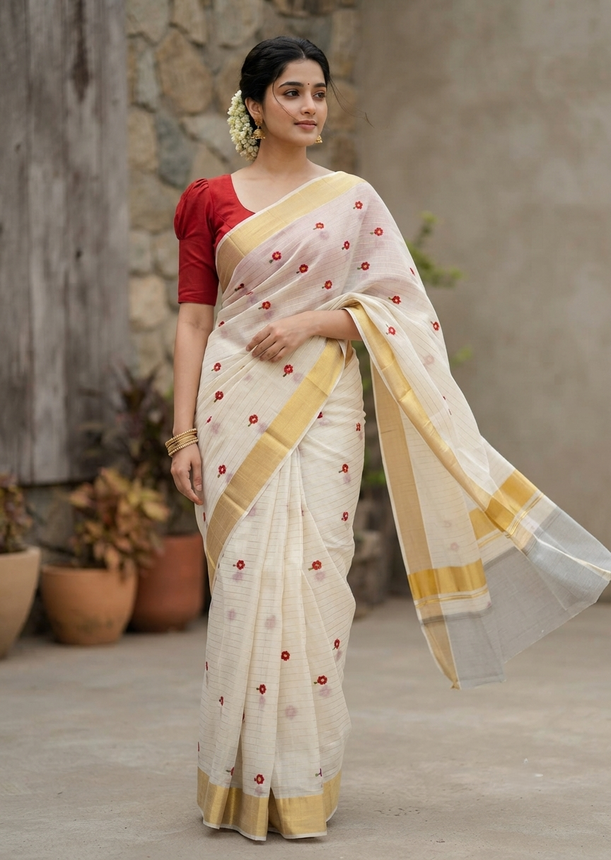 Southloom Kerala Cotton Kasavu Line Saree with Red Floral Embroidery Works