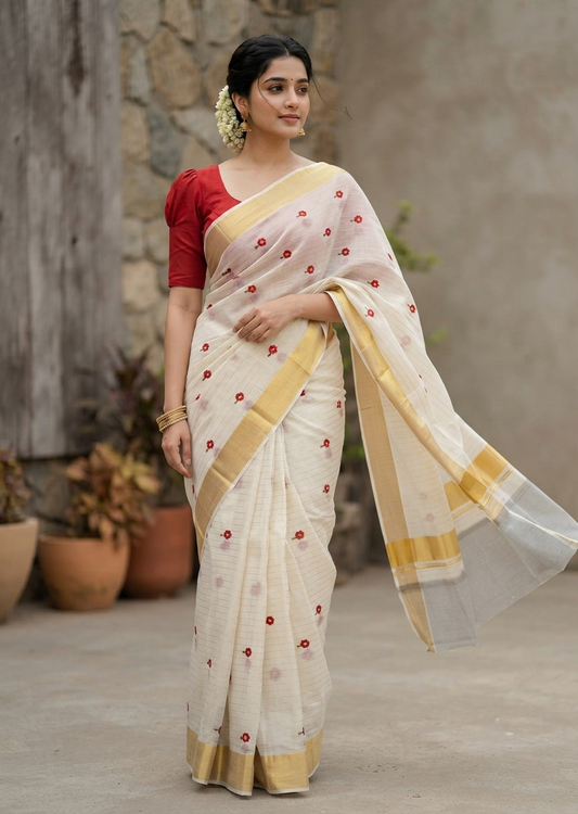 Southloom Kerala Cotton Kasavu Line Saree with Red Floral Embroidery Works