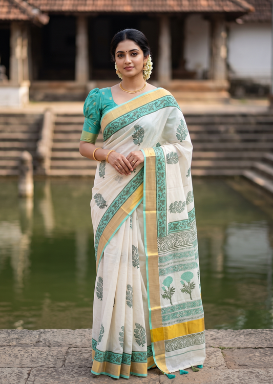 Southloom Cotton Kerala Kasavu Saree with Jaipur Block Printed on Body And Borders in Turquoise SL561