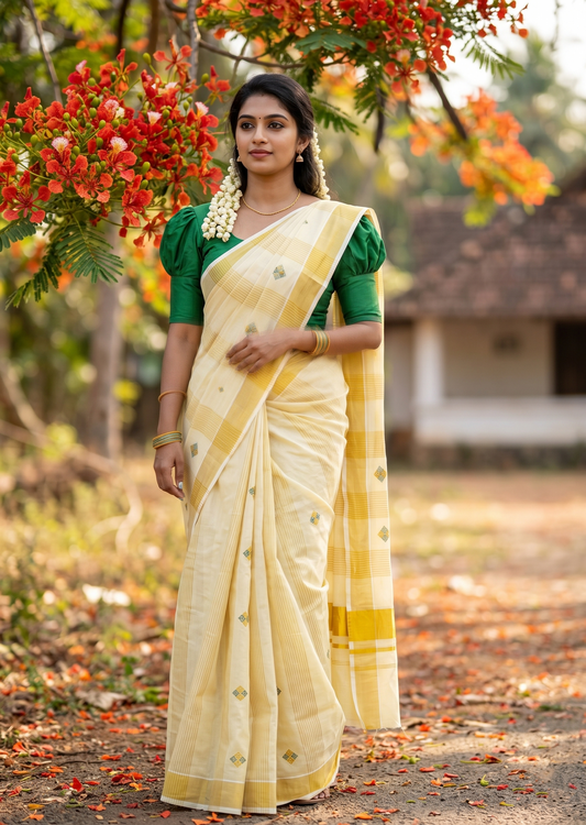 Southloom Kerala Tissue Kasavu Striped Saree with  Diagonal Woven Designs in Green And Gold Body Work