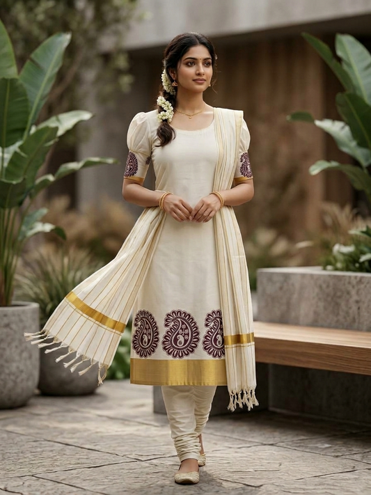 Southloom™ Cotton Churidar Salwar Suit Unstiched Material with Maroon Peacock Design On Border (include Lines Shawl / Dupatta) SL601