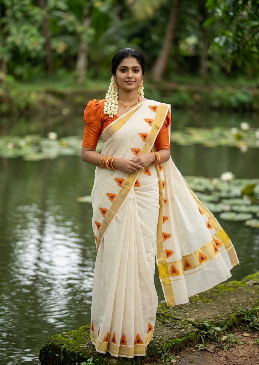 Southloom Cotton Kerala Kasavu Saree with Temple Digital Print In Orange and Maroon With Borders  SL369