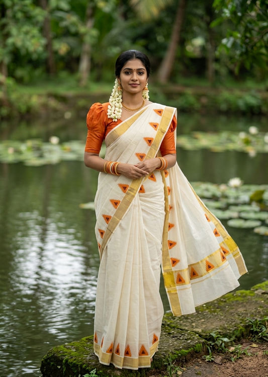 Southloom Cotton Kerala Kasavu Saree with Temple Digital Print In Orange and Maroon With Borders SL369