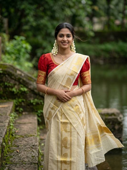 Kerala Tissue Single Set Mundu (Mundum Neriyathum) with Gold Peacock Design 2.80 Mtrs SL402
