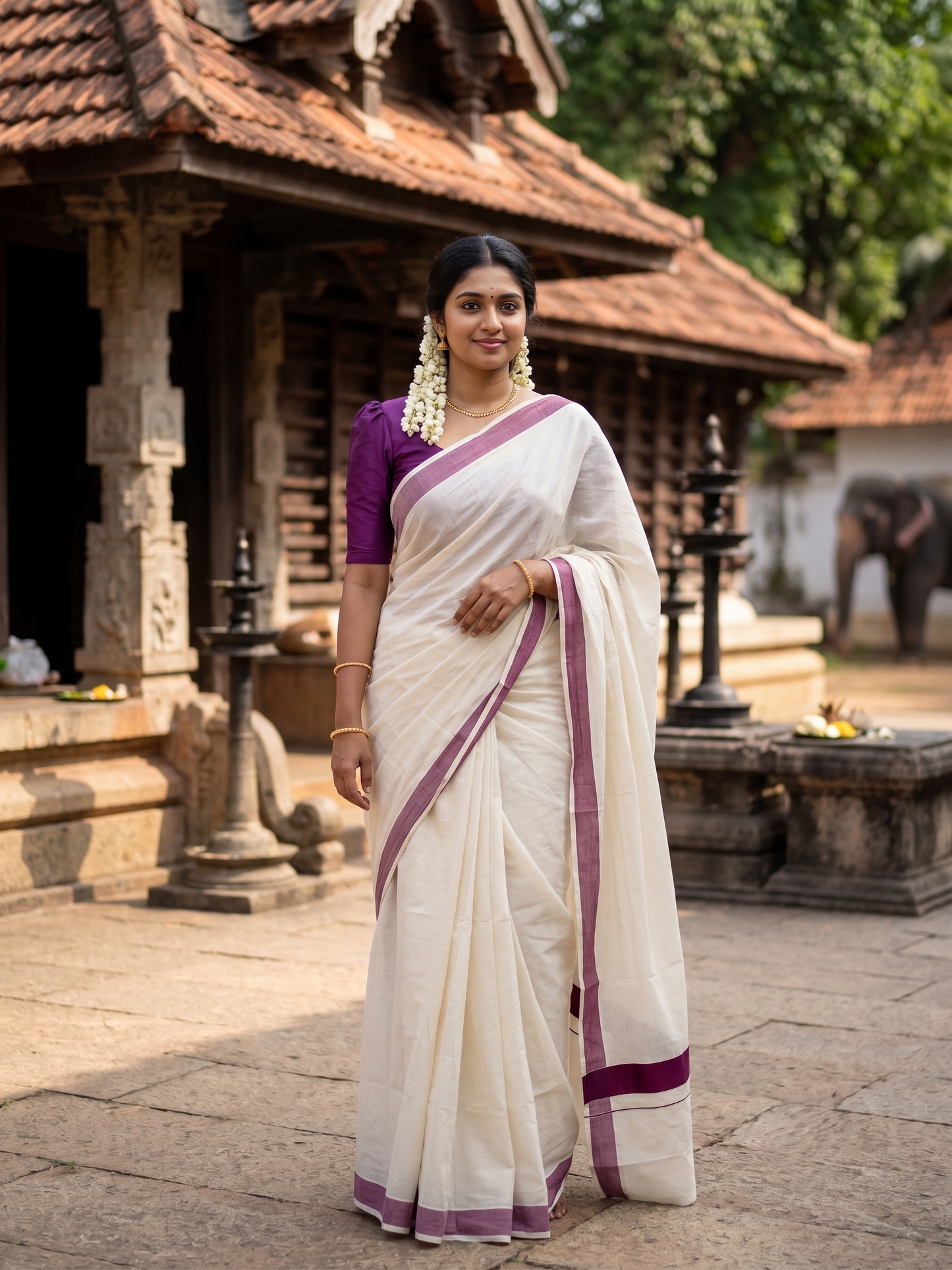 Southloom Pure Cotton Kerala Saree with Purple Plain Border