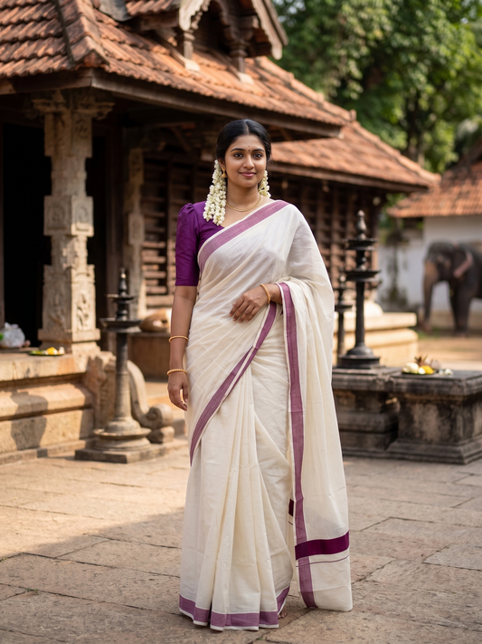 Southloom Pure Cotton Kerala Saree with Purple Plain Border