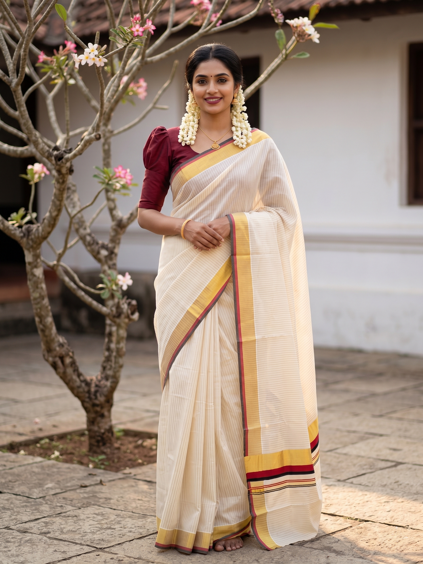 Southloom Kerala Cotton Kasavu Saree with Stripes on Body In Maroon And Black Border