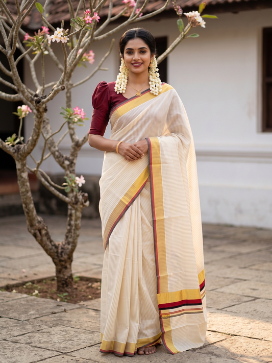 Southloom Kerala Cotton Kasavu Saree with Stripes on Body In Maroon And Black Border