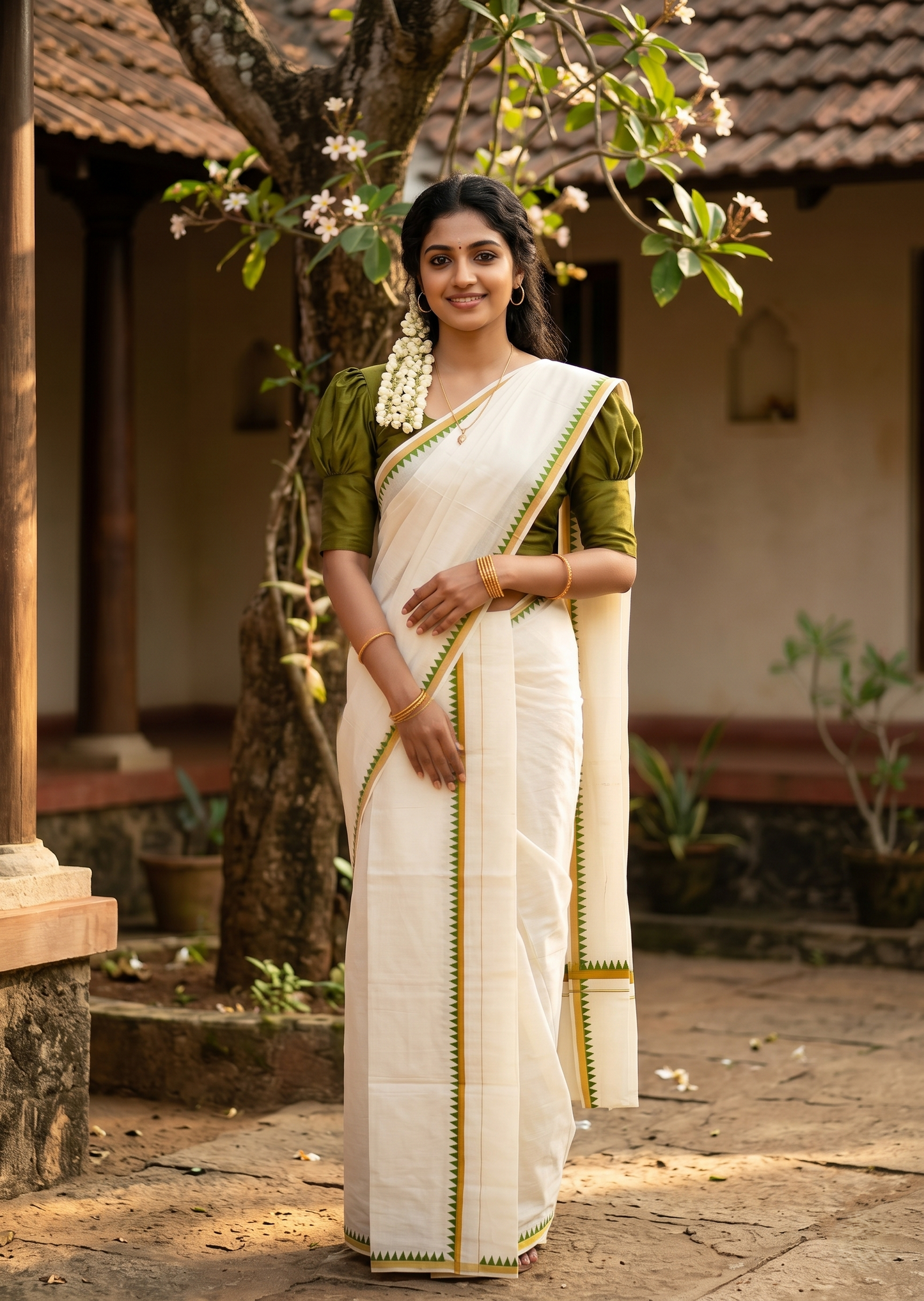 Southloom Pure Cotton Kerala Single Set Mundu (Mundum Neriyathum) with Temple Design in Olive Green 2.80 Mtrs SL352