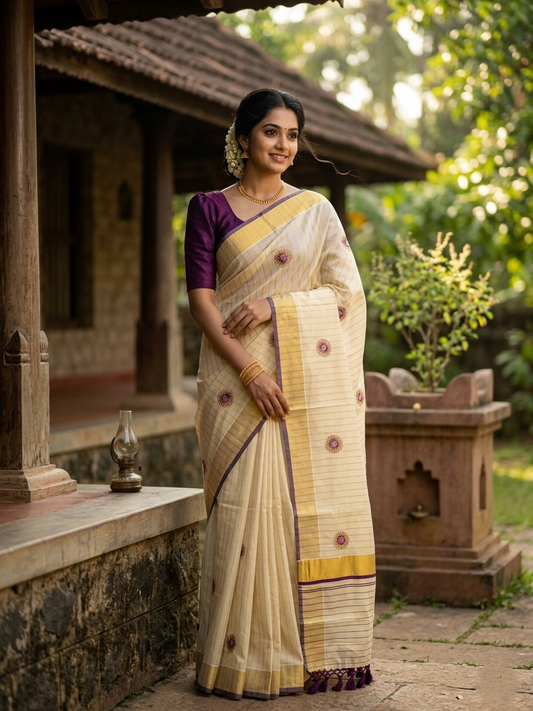 Southloom Tissue Kerala Kasavu Lines Saree with Embroidery Work on Body in Purple SL315