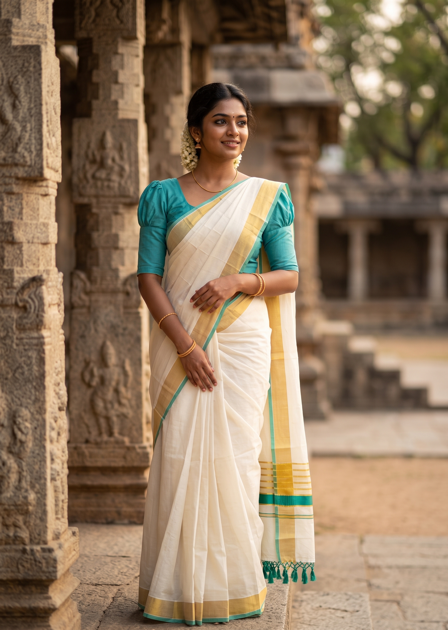 Southloom Pure Cotton Kerala Kasavu Saree with Gold Stripes on Body with Turquoise Borders SL449