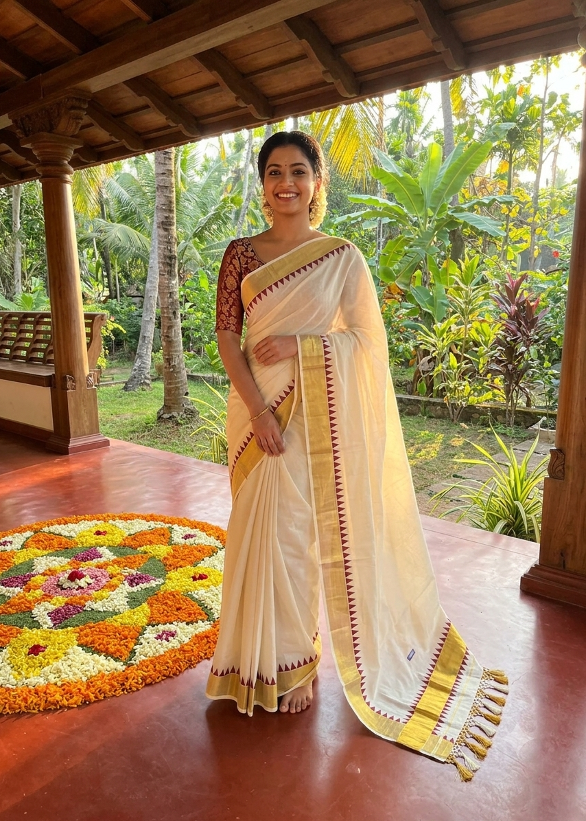 Southloom  Kerala Cotton  Kasavu Saree With Maroon Temple Border And Tassels