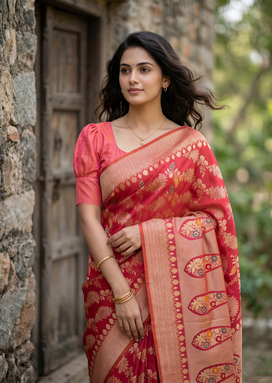 Southloom Pure Banarasi Silk Saree with Woven Work on Body and Borders (Pink And Orange))