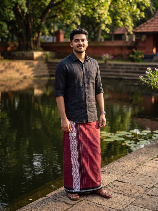 Southloom Maroon Printed Single Mundu / Otta Mundu / Lungi (South Indian Kerala Dhoti)
