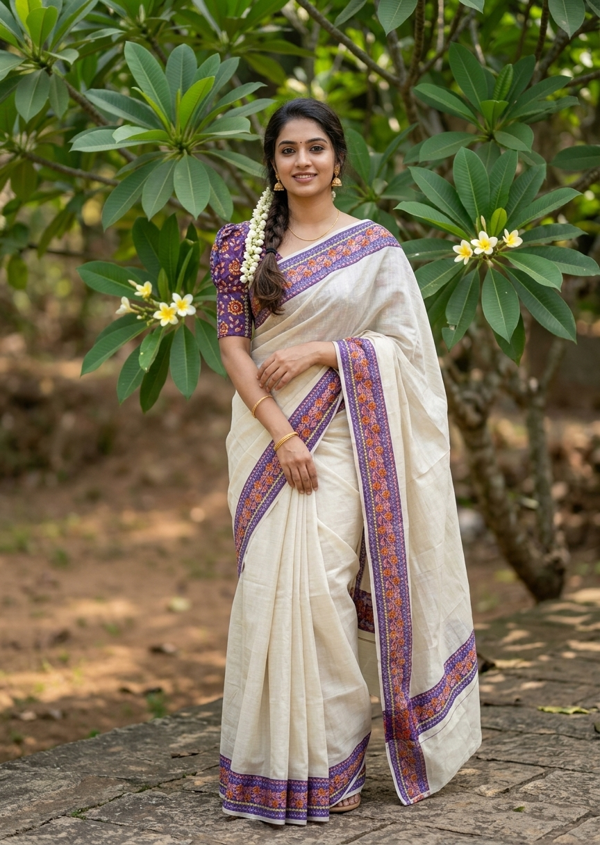 Southloom Kerala Tissue Kasavu Saree with  Voilet Floral Prints On Border