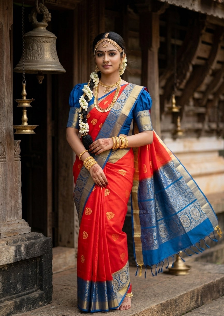 Southloom Pure Handloom Kanchipuram Silk Saree with Butta Work (Blue & Red)