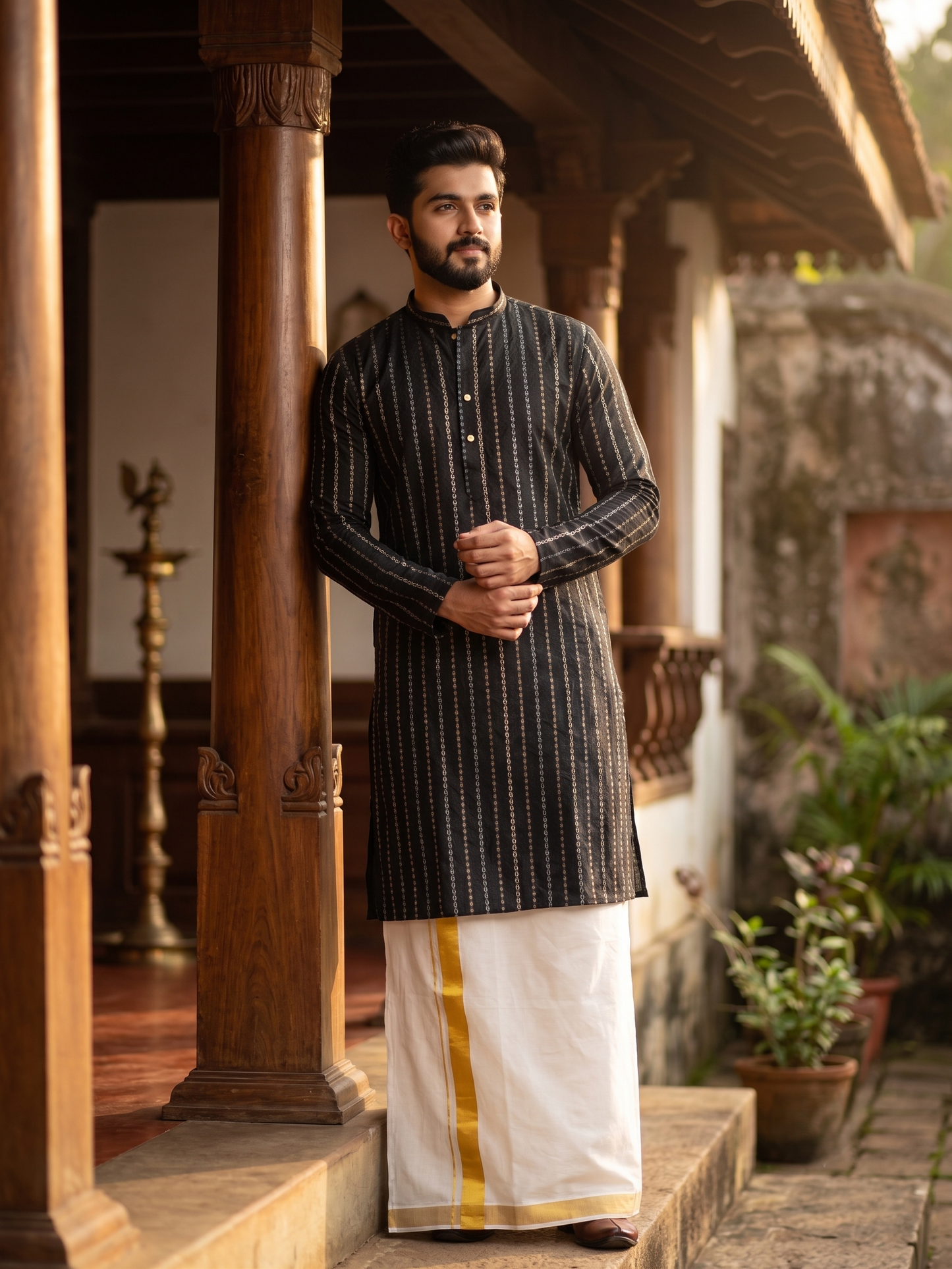Southloom Black Woven Semi Silk Short Kurta for Men SL590