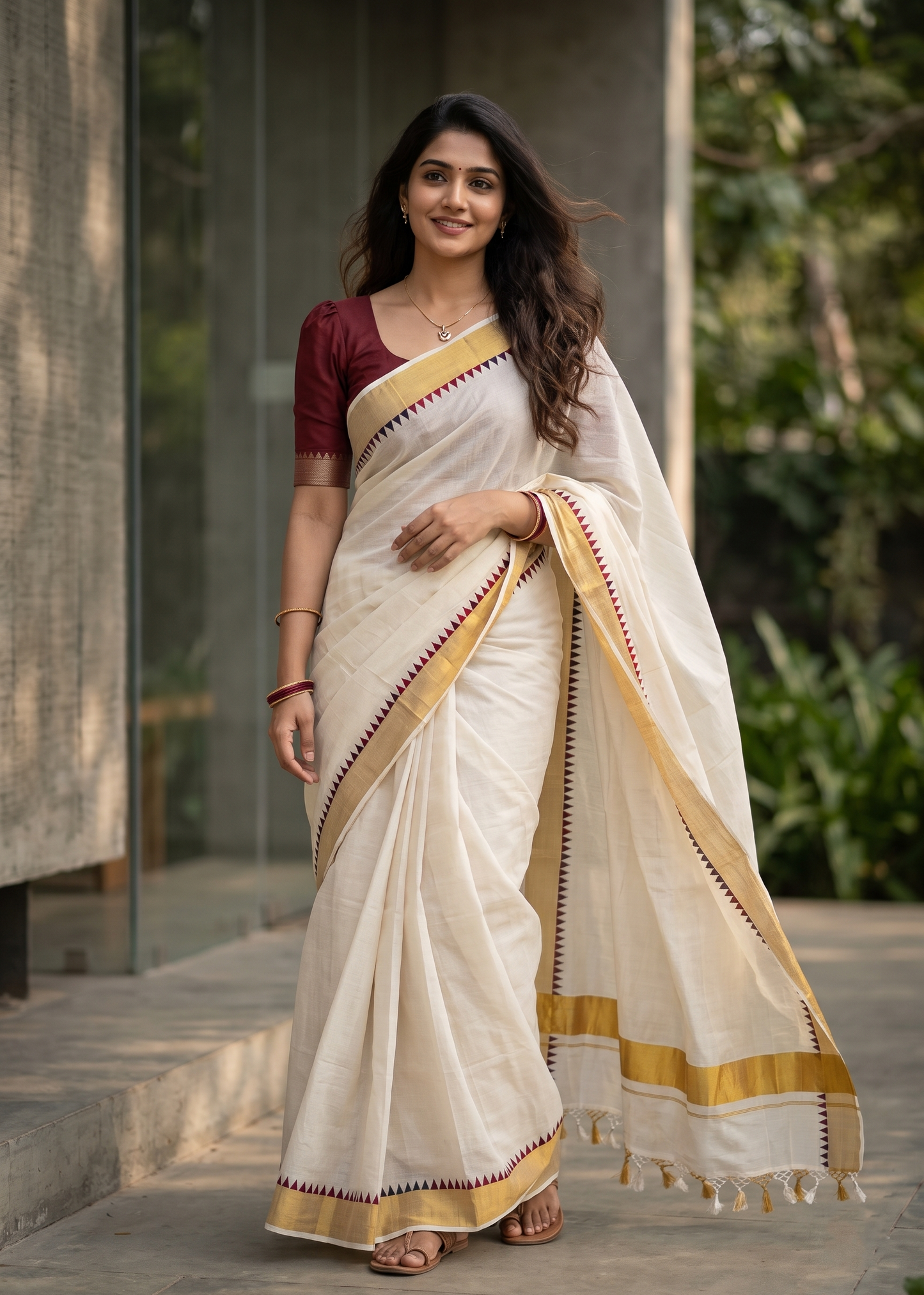 Southloom Kerala Cotton Kasavu Saree With Maroon Temple Border And Tassels