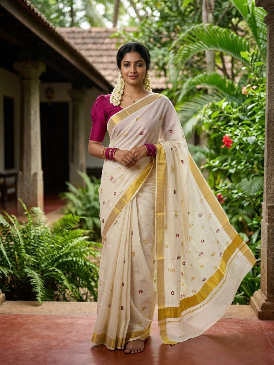 Southloom Kerala Cotton Kasavu Saree with Gold and Magenta Malayalam Aksharamala Embroidery Work on Body