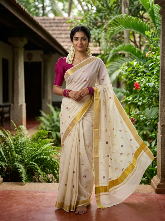 Southloom Kerala Cotton Kasavu Saree with Gold and Magenta Malayalam Aksharamala Embroidery Work on Body