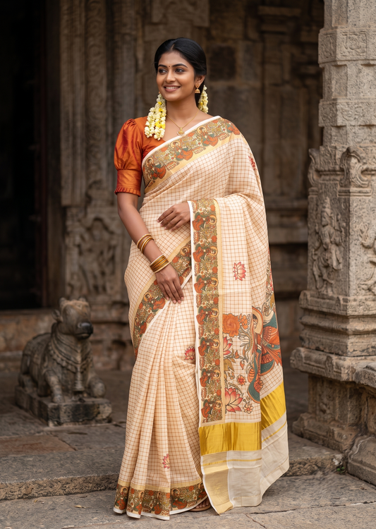 Southloom Tissue Kerala Kasavu Check Saree with Lotus Design on Body