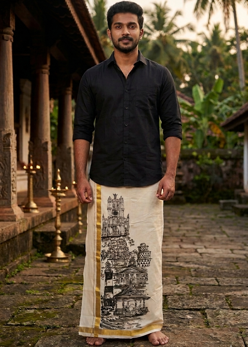 Kerala Cotton Handpainted Dhoti ( Double Mundu )  SL330 (Copy)