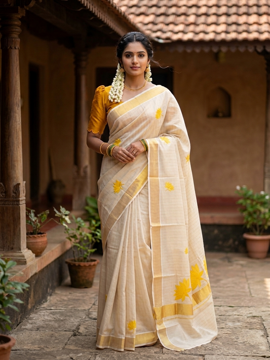Southloom Kerala Tissue Lines Kasavu Saree with Yellow Lotus Embroidery Works