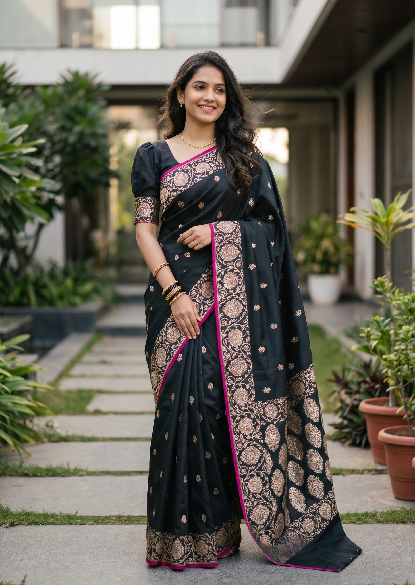 Southloom Satin Banarasi Silk Saree with Woven Work on Body And Borders In Black