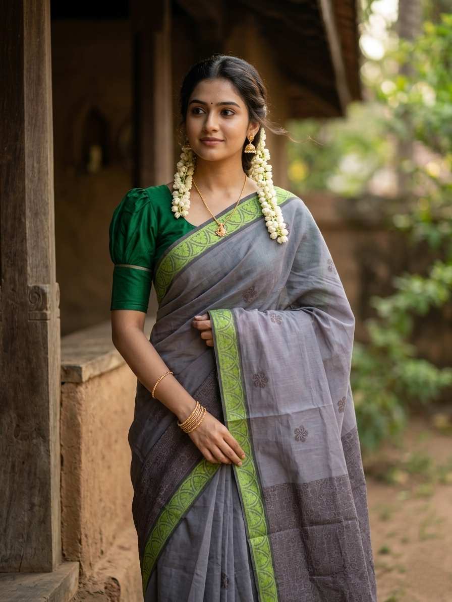 Southloom Kerala Cotton Saree with Floral Woven Works Across Body in Grey