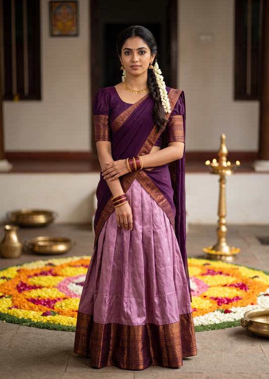 Southloom Semi Silk Dhavani Set with Pavada and Pink Blouse PieceSLDHAVANI SL542