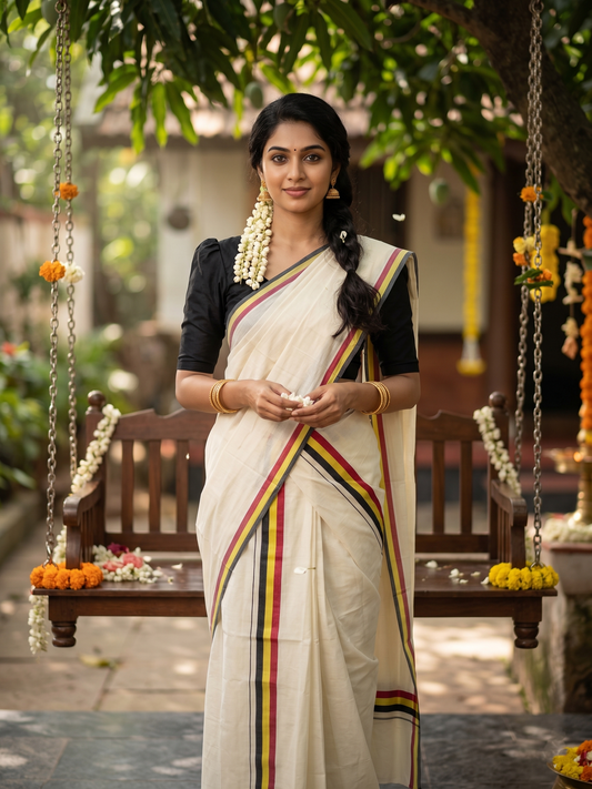 Southloom Kerala Mulloth Cotton Single Mundum Neriyathum with Black and Yellow Border