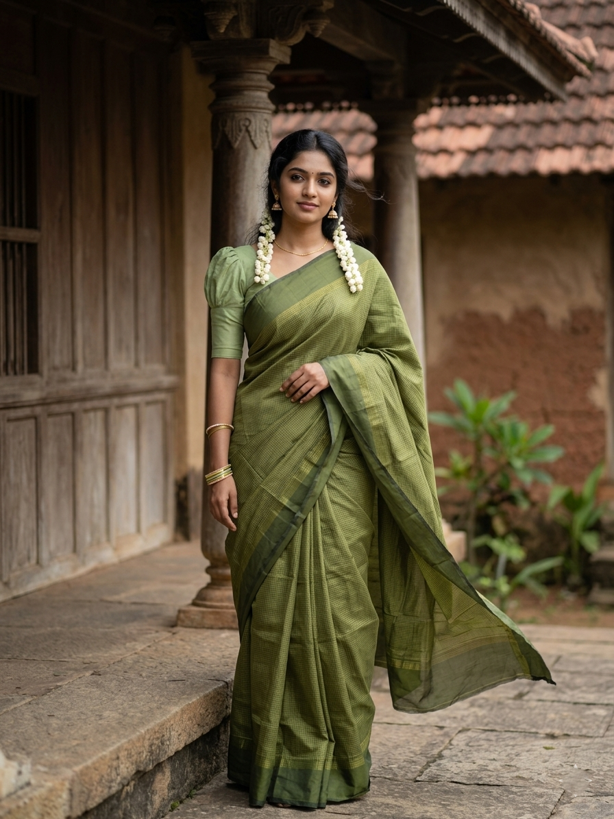 Southloom Semi Silk Saree with Micro Check on Body in Olive  Green
