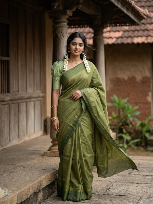 Southloom Semi Silk Saree with Micro Check on Body in Olive  Green