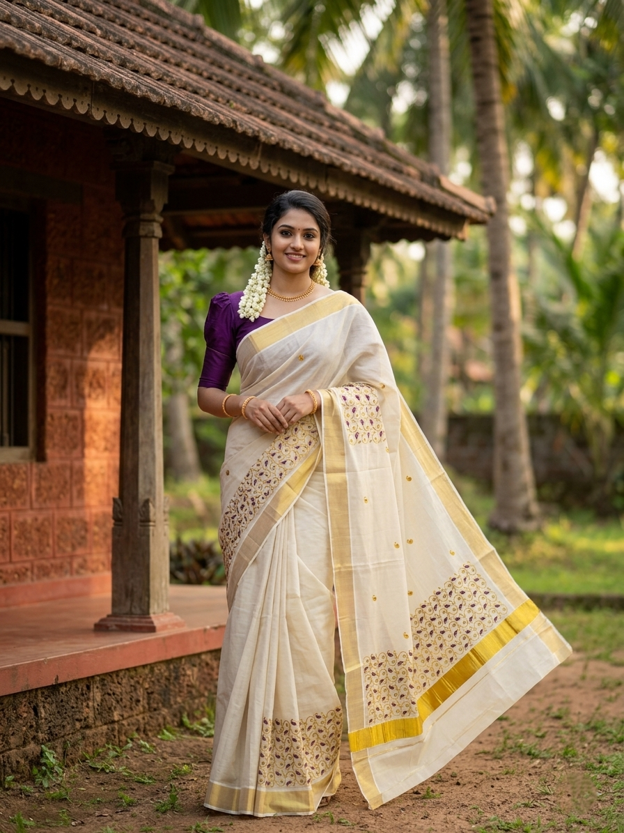 Southloom Tissue Kerala Kasavu Plain Saree with Purple &Gold Embroidery Designs on Body