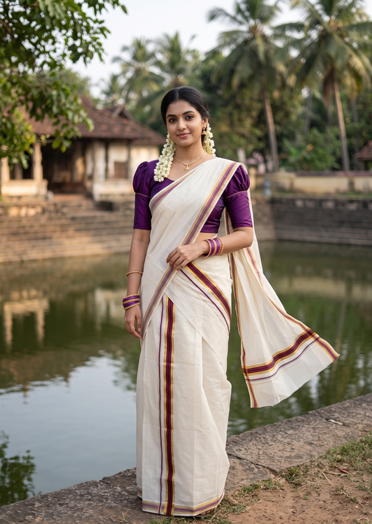 Southloom Kerala Cotton Mundum Neriyathum Single (Set Mundu) with Kasavu and Purple Border 2.80 Mtrs SLKK
