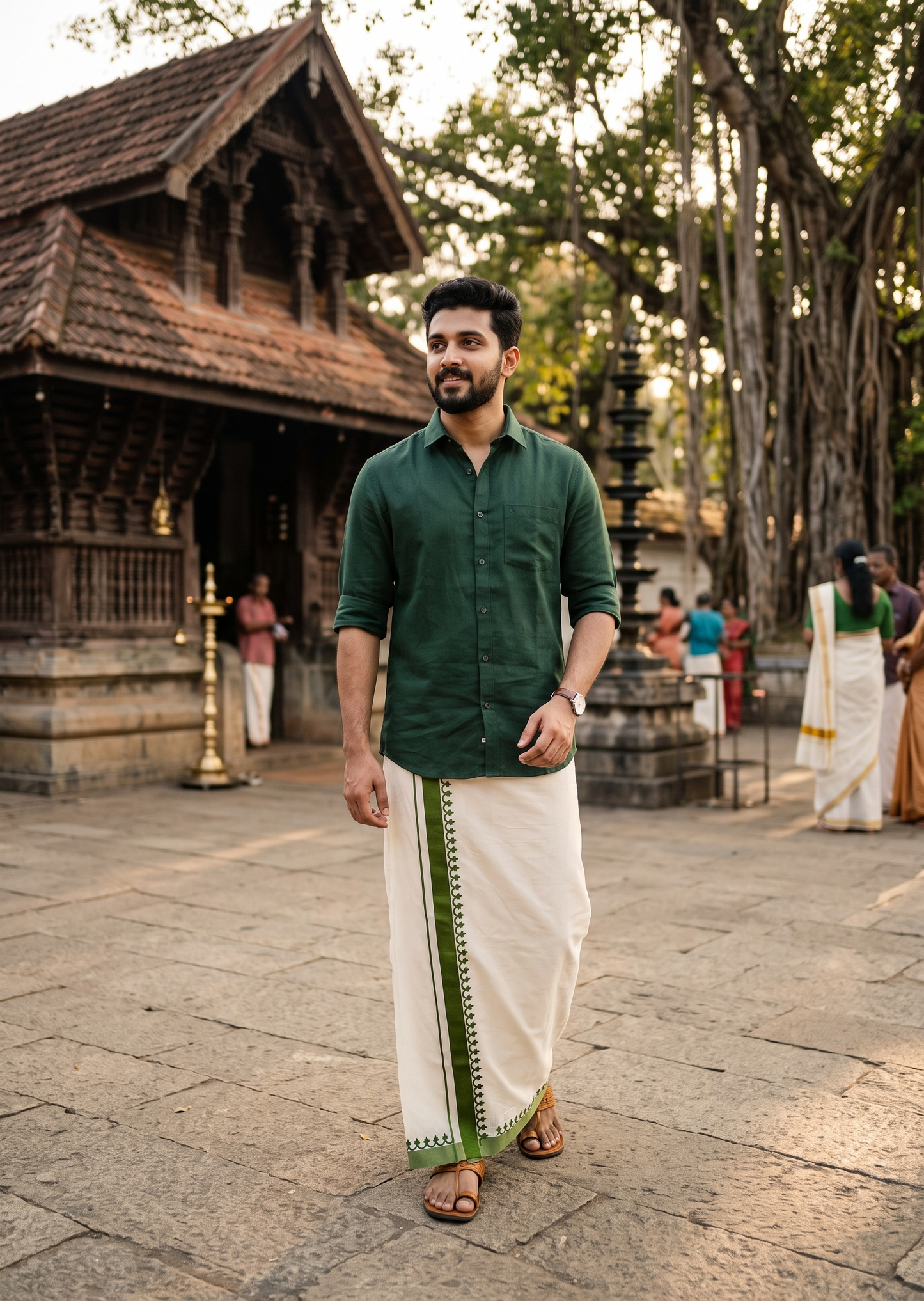 Southloom Kerala Cotton Green Kara Printed Double Mundu (South Indian Kerala Dhoti) SL567