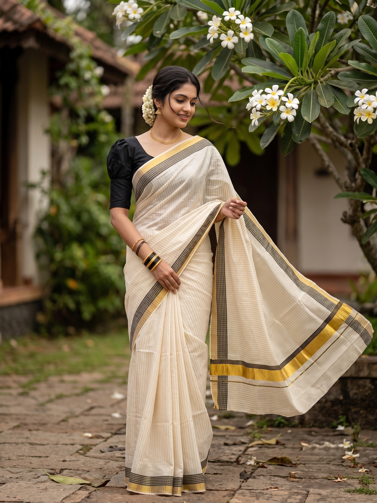 Southloom Pure Cotton Kerala Kasavu Lines Design Saree with Black Border