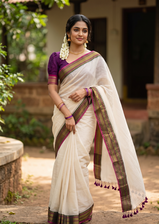 Southloom Mul Cotton 120 x 120 Soft Fabric Saree with Black& Purple Kanchi Border SL215