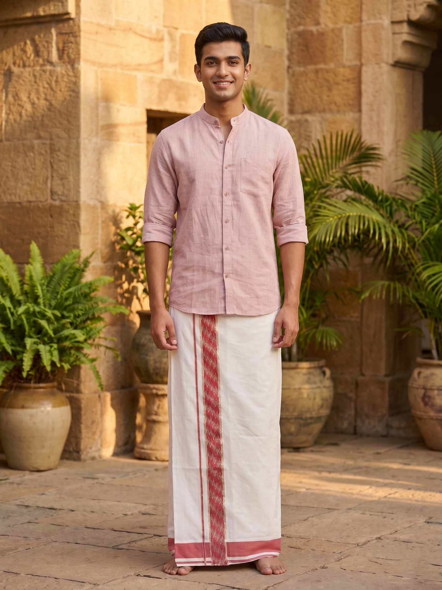 Southloom Kerala Pure White Cotton Double Mundu with Silver Lines & Pink Border (South Indian Dhoti)