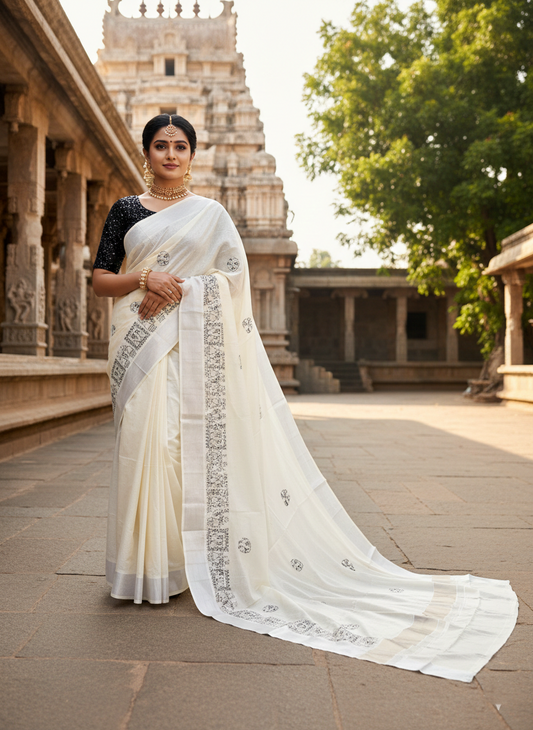 Kerala Cotton Silver Kasavu Saree With Mural Festival Parasol Plain And Black Elephant Design And Embroidery Work