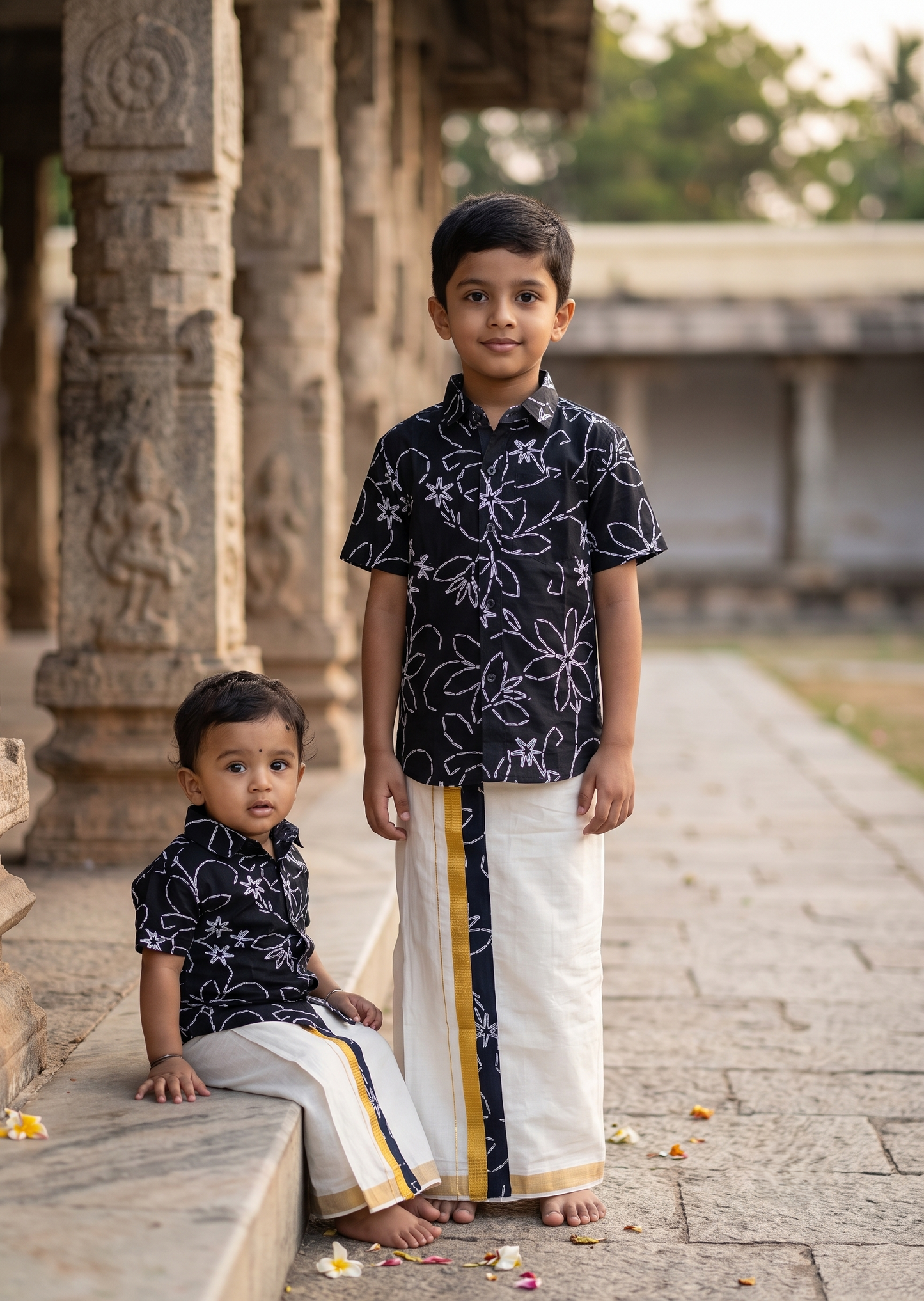 Southloom Cotton Floral Printed Kids's Combo (Shirt + Velcro Mundu) SLKCOMBO