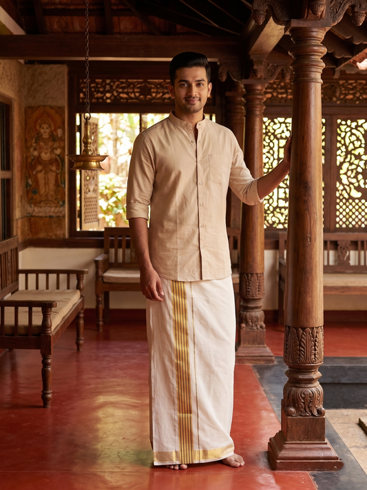 Southloom Premium Handloom Cotton Gold Kasavu Double Mundu