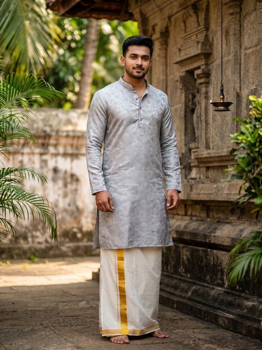 Southloom Grey woven Semi Silk Long Kurta for Men SL590