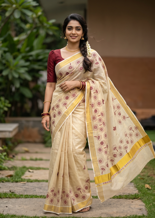 Southloom Kerala Tissue Kasavu Plain Saree with Maroon Floral Printed work On Border