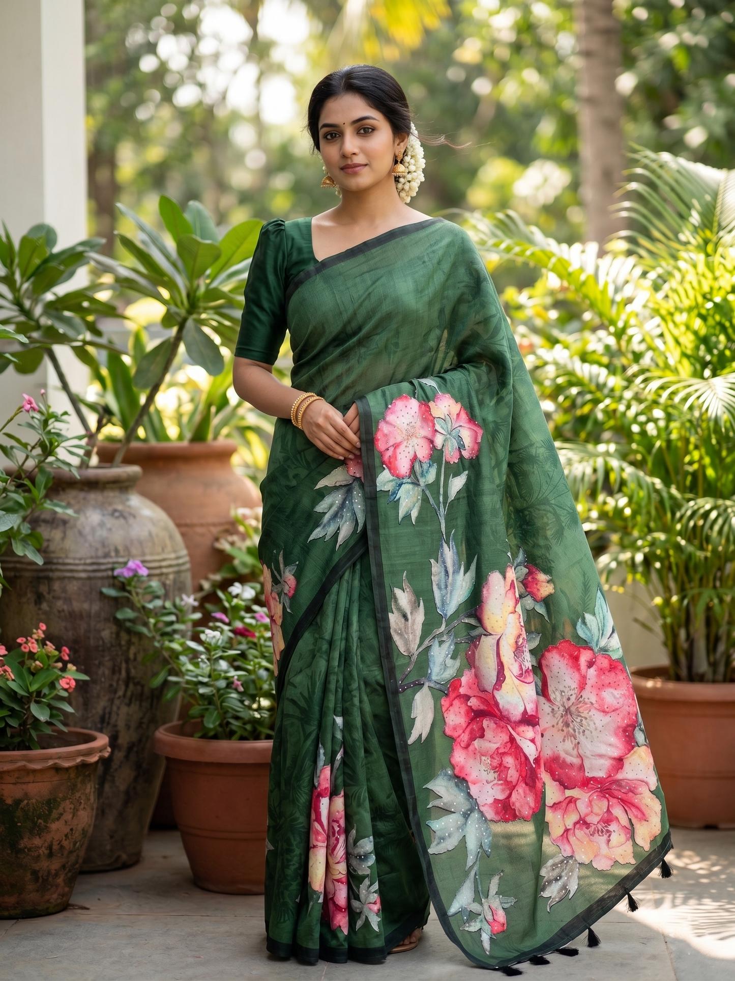 Southloom Designer Colour Saree with Floral Woven Works Across Body in Green