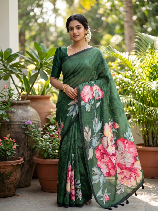 Southloom Designer Colour Saree with Floral Woven Works Across Body in Green