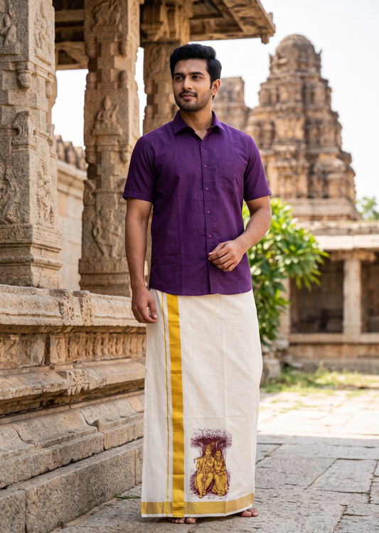 Southloom Kerala Cotton Mural Digital Printed Double Mundu (South Indian Kerala Dhoti) SL567